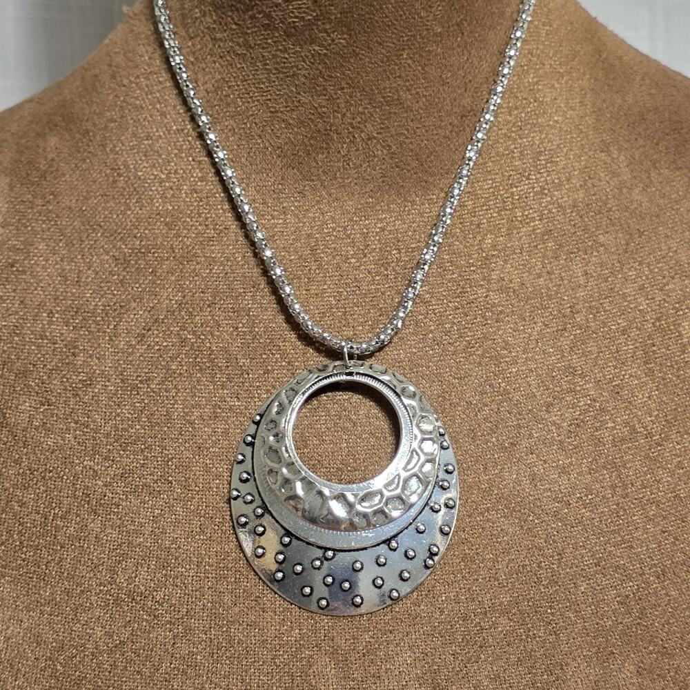 Paparazzi Silver Tone Layered Circle Pendant Necklace Earrings Jewelry Set